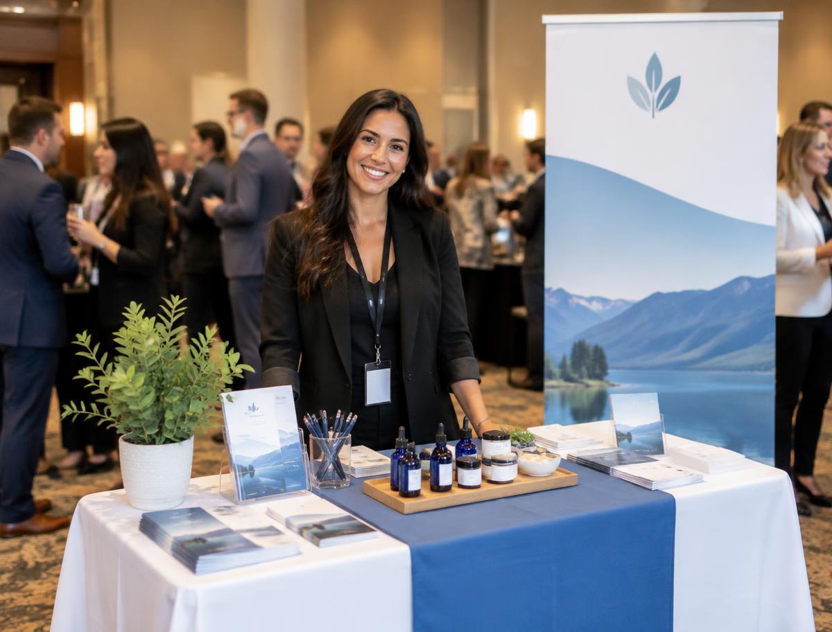 A business owner at her complimentary promotional table